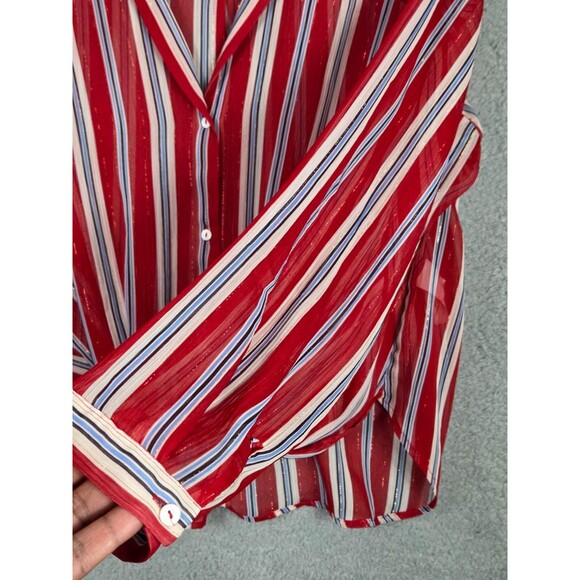 Zara Womens Top Sheer Striped Button Down  XS Red White Blue LS Patriotic Blouse - Picture 4 of 8